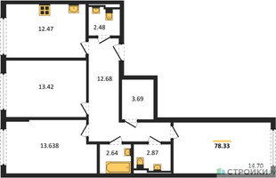 Планировка трехкомнатной(квартира) площадью 78.33 квадратных метров в “ЖК Остафьево”