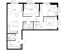 Планировка трехкомнатной(квартира) площадью 83.7 квадратных метров в “ЖК Волжский Парк”