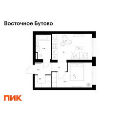 Планировка однокомнатной(квартира) площадью 34.6 квадратных метров в ЖК “ЖК Восточное Бутово”