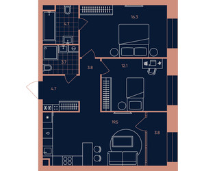 Планировка трехкомнатной(квартира) площадью 68.6 квадратных метров в ЖК “Квартал Эра”
