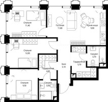 Планировка трехкомнатной(квартира) площадью 77.6 квадратных метров в “ЖК СЕТ”