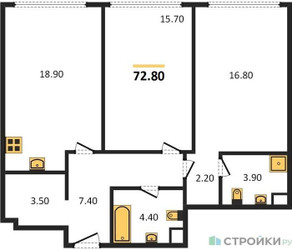 Планировка двухкомнатной(квартира) площадью 72.8 квадратных метров в ЖК “ЖК Нагатино Ай-Лэнд”