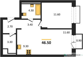 Планировка однокомнатной(апартаменты) площадью 46.5 квадратных метров в “ЖК Равновесие”