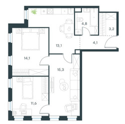 Планировка трехкомнатной(квартира) площадью 66.2 квадратных метров в ЖК “ЖК Level Селигерская”