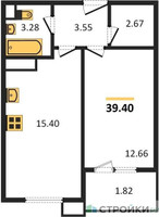 Планировка однокомнатной(апартаменты) площадью 39.4 квадратных метров в “ЖК Равновесие”