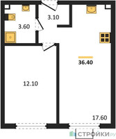 Планировка однокомнатной(квартира) площадью 36.4 квадратных метров в “ЖК Лучи-2”