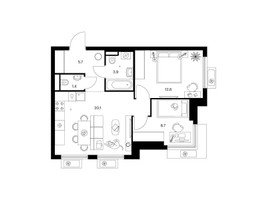 Планировка двухкомнатной(квартира) площадью 52.4 квадратных метров в “ЖК Белая Дача парк”