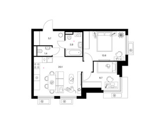 Планировка двухкомнатной(квартира) площадью 52.4 квадратных метров в ЖК “ЖК Белая Дача парк”