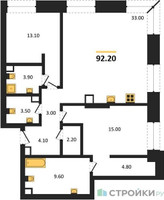 Планировка двухкомнатной(квартира) площадью 92.2 квадратных метров в “ЖК Коллекция Лужники”