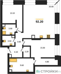 Планировка двухкомнатной(квартира) площадью 92.2 квадратных метров в ЖК “ЖК Коллекция Лужники”