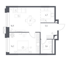 Планировка однокомнатной(квартира) площадью 44.98 квадратных метров в “ЖК Верейская 41”