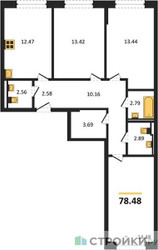 Планировка трехкомнатной(квартира) площадью 78.48 квадратных метров в ЖК “ЖК Квартал Марьино”