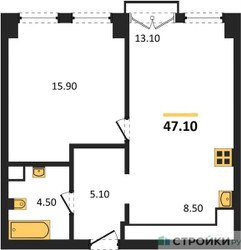 Планировка однокомнатной(апартаменты) площадью 47.1 квадратных метров в ЖК “ЖК Emotion (Эмоушен)”