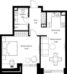 Планировка однокомнатной(квартира) площадью 52.17 квадратных метров в ЖК “ЖК Сити Бэй”