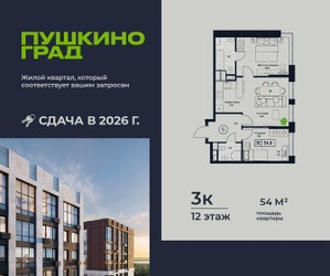 Планировка трехкомнатной(квартира) площадью 54 квадратных метров в ЖК “ЖК Пушкино Град”