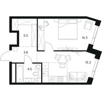 Планировка однокомнатной(квартира) площадью 45.4 квадратных метров в “ЖК NEXUS by Akvilon (Нексус от Аквилон)”