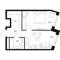 Планировка однокомнатной(квартира) площадью 45.4 квадратных метров в ЖК “ЖК NEXUS by Akvilon (Нексус от Аквилон)”
