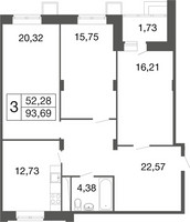 Планировка трехкомнатной(квартира) площадью 93.7 квадратных метров в “ЖК Времена года”