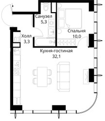 Планировка однокомнатной(квартира) площадью 50.7 квадратных метров в ЖК “ЖК Сити Бэй”