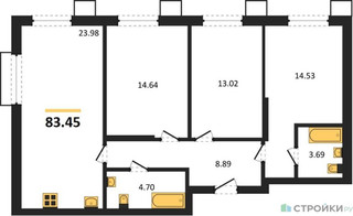 Планировка трехкомнатной(квартира) площадью 83.45 квадратных метров в “ЖК Бархат”