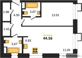Планировка однокомнатной(апартаменты) площадью 44.56 квадратных метров в “ЖК N’ICE LOFT (Найс Лофт)”