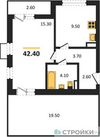 Планировка однокомнатной(квартира) площадью 42.4 квадратных метров в “ЖК Прокшино”