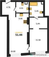 Планировка однокомнатной(квартира) площадью 51.44 квадратных метров в “ЖК Солос”