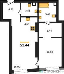 Планировка однокомнатной(квартира) площадью 51.44 квадратных метров в ЖК “ЖК Солос”