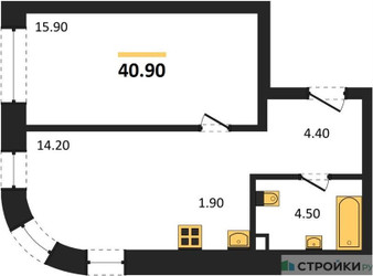 Планировка однокомнатной(квартира) площадью 40.9 квадратных метров в ЖК “ЖК Шагал”
