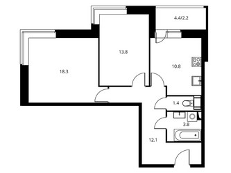 Планировка двухкомнатной(квартира) площадью 62.39 квадратных метров в ЖК “ЖК Солнечный парк”