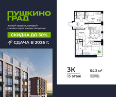 Планировка трехкомнатной(квартира) площадью 54.3 квадратных метров в “ЖК Пушкино Град”