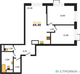 Планировка двухкомнатной(квартира) площадью 64.3 квадратных метров в ЖК “ЖК Foreville (Форевилль)”