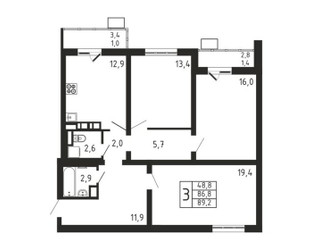 Планировка трехкомнатной(квартира) площадью 89.2 квадратных метров в ЖК “ЖК Пироговская Ривьера”
