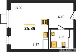 Планировка студии(квартира) площадью 25.39 квадратных метров в “ЖК Томилино Парк”