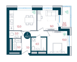 Планировка двухкомнатной(квартира) площадью 49 квадратных метров в “ЖК РУСИЧ-Кантемировский”