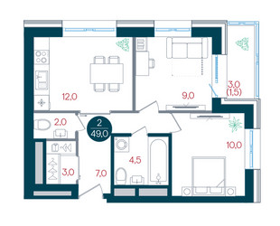 Планировка двухкомнатной(квартира) площадью 49 квадратных метров в ЖК “ЖК РУСИЧ-Кантемировский”