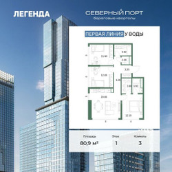 Планировка трехкомнатной(квартира) площадью 80.9 квадратных метров в ЖК “ЖК Северный порт. Береговые кварталы”
