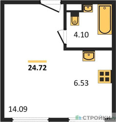 Планировка студии(апартаменты) площадью 24.72 квадратных метров в “ЖК Движение. Говорово”