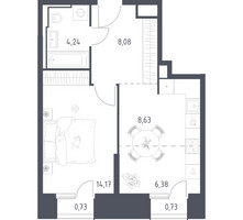 Планировка однокомнатной(апартаменты) площадью 42.96 квадратных метров в “ЖК Скай Спутник”