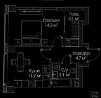 Планировка однокомнатной(квартира) площадью 37.8 квадратных метров в “ЖК СЕЗАР БУДУЩЕЕ”