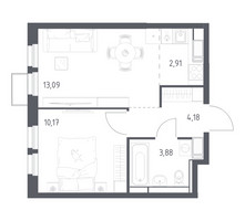 Планировка однокомнатной(квартира) площадью 34.23 квадратных метров в “ЖК Большое Путилково”
