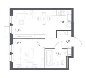Планировка однокомнатной(квартира) площадью 34.23 квадратных метров в ЖК “ЖК Большое Путилково”
