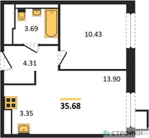 Планировка однокомнатной(квартира) площадью 35.68 квадратных метров в “ЖК Пригород Лесное”