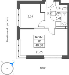 Планировка однокомнатной(апартаменты) площадью 40.5 квадратных метров в ЖК “ЖК Волковская 67”
