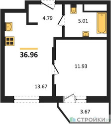 Планировка однокомнатной(квартира) площадью 36.96 квадратных метров в ЖК “ЖК ВОСТОК II”