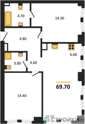 Планировка двухкомнатной(квартира) площадью 69.7 квадратных метров в ЖК “ЖК Мангазея на Тульской”