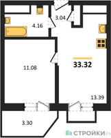 Планировка однокомнатной(квартира) площадью 33.32 квадратных метров в “ЖК ВОСТОК II”