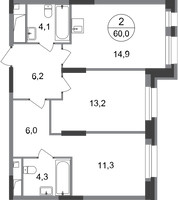Планировка двухкомнатной(квартира) площадью 60 квадратных метров в “ЖК Первый Московский”