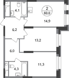 Планировка двухкомнатной(квартира) площадью 60 квадратных метров в ЖК “ЖК Первый Московский”