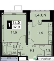 Планировка однокомнатной(квартира) площадью 37.9 квадратных метров в “ЖК 1-й Южный (Первый Южный)”